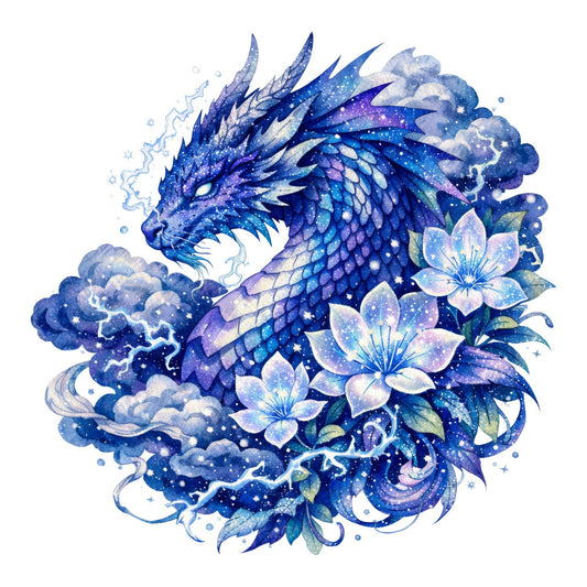 celestial, dragon, night sky, stars, clouds, fantasy, magical, whimsical, mystical, deep blue, navy blue, purple, lavender, iridescent, floral, flowers, nature, ethereal, dreamy, elegant, bohemian, cosmic, moon, celestial dragon, sparkling, shimmer, wall hanging, fantasy art, enchanted