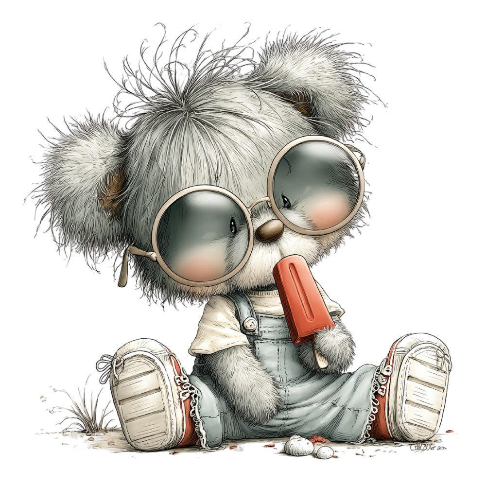 whimsical, children's illustration, cute animal, fluffy creature, character design, gray, white, cream, red, vintage style, storybook, playful, charming, quirky, adorable, illustration art, decorative panel, kids theme, nursery, sweet, artistic, detailed illustration, character fabric, endearing, nostalgic, whimsy, creative design