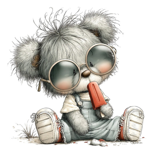 whimsical, children's illustration, cute animal, fluffy creature, character design, gray, white, cream, red, vintage style, storybook, playful, charming, quirky, adorable, illustration art, decorative panel, kids theme, nursery, sweet, artistic, detailed illustration, character fabric, endearing, nostalgic, whimsy, creative design