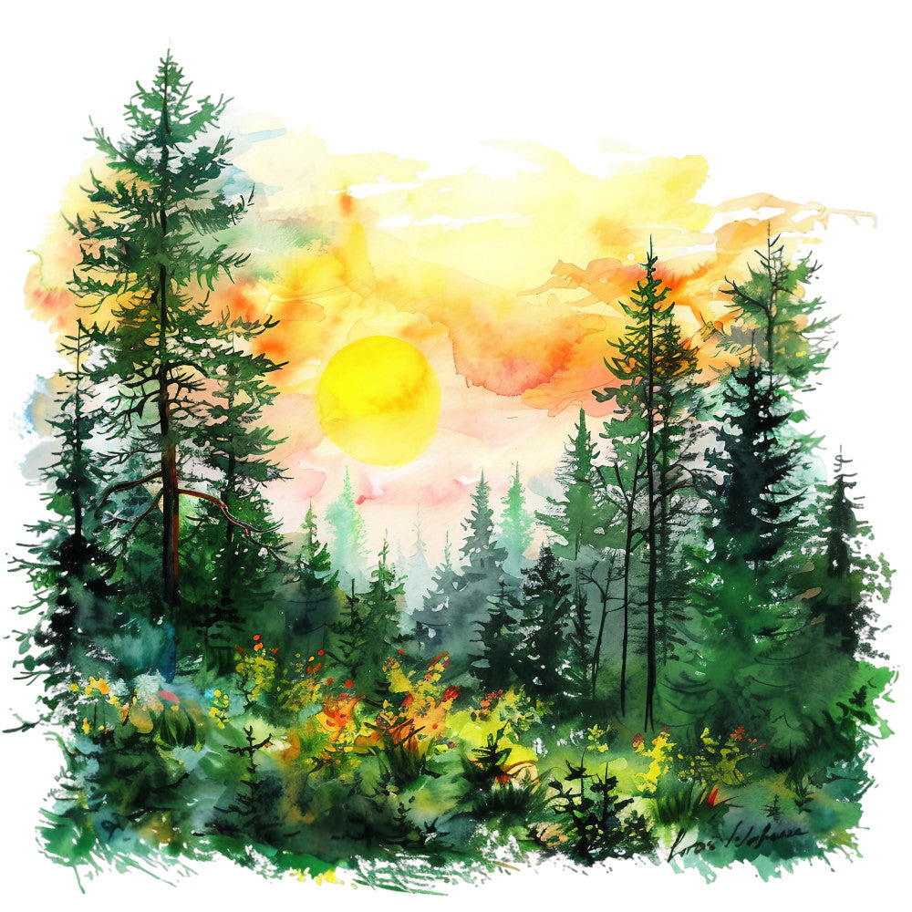 watercolor painting, forest landscape, evergreen trees, pine trees, bright yellow sun, orange sunset, green foliage, summer scene, nature artwork, fabric panel, quilting cotton, woodland design, sunrise colors, mixed greens, golden yellow, warm orange, peaceful mood, outdoor scenery, tree silhouettes, artistic brushstrokes