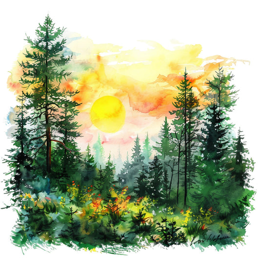 watercolor painting, forest landscape, evergreen trees, pine trees, bright yellow sun, orange sunset, green foliage, summer scene, nature artwork, fabric panel, quilting cotton, woodland design, sunrise colors, mixed greens, golden yellow, warm orange, peaceful mood, outdoor scenery, tree silhouettes, artistic brushstrokes