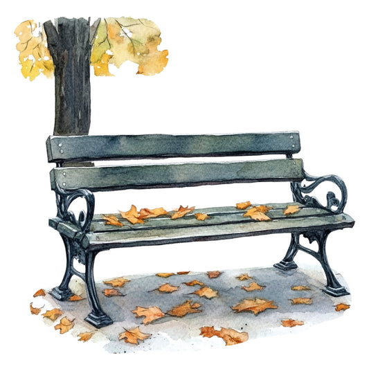 autumn bench, fall leaves, park bench, golden yellow, charcoal gray, sage green, nature scene, seasonal, rustic style, vintage aesthetic, fall foliage, outdoor furniture, cozy autumn, maple leaves, nostalgic, whimsical illustration, watercolor style, landscape, peaceful scene, autumn decoration, harvest time, fall colors, ornate ironwork, garden themed, contemplative, muted tones, september october november, wall hanging, decorative panel