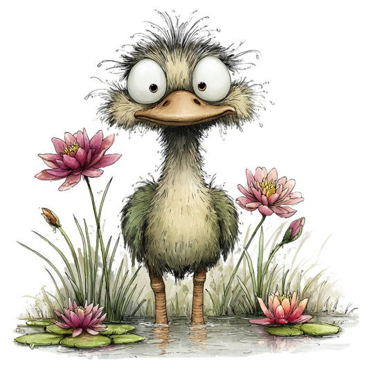 ostrich, whimsical, water lily, lotus flower, bird, nature, animals, spring, summer, pink, mauve, cream, tan, beige, sage green, water, pond, lily pads, botanical, children's, playful, cute, illustration, storybook, nursery, baby, quirky, humorous, character fabric, fabric panel
