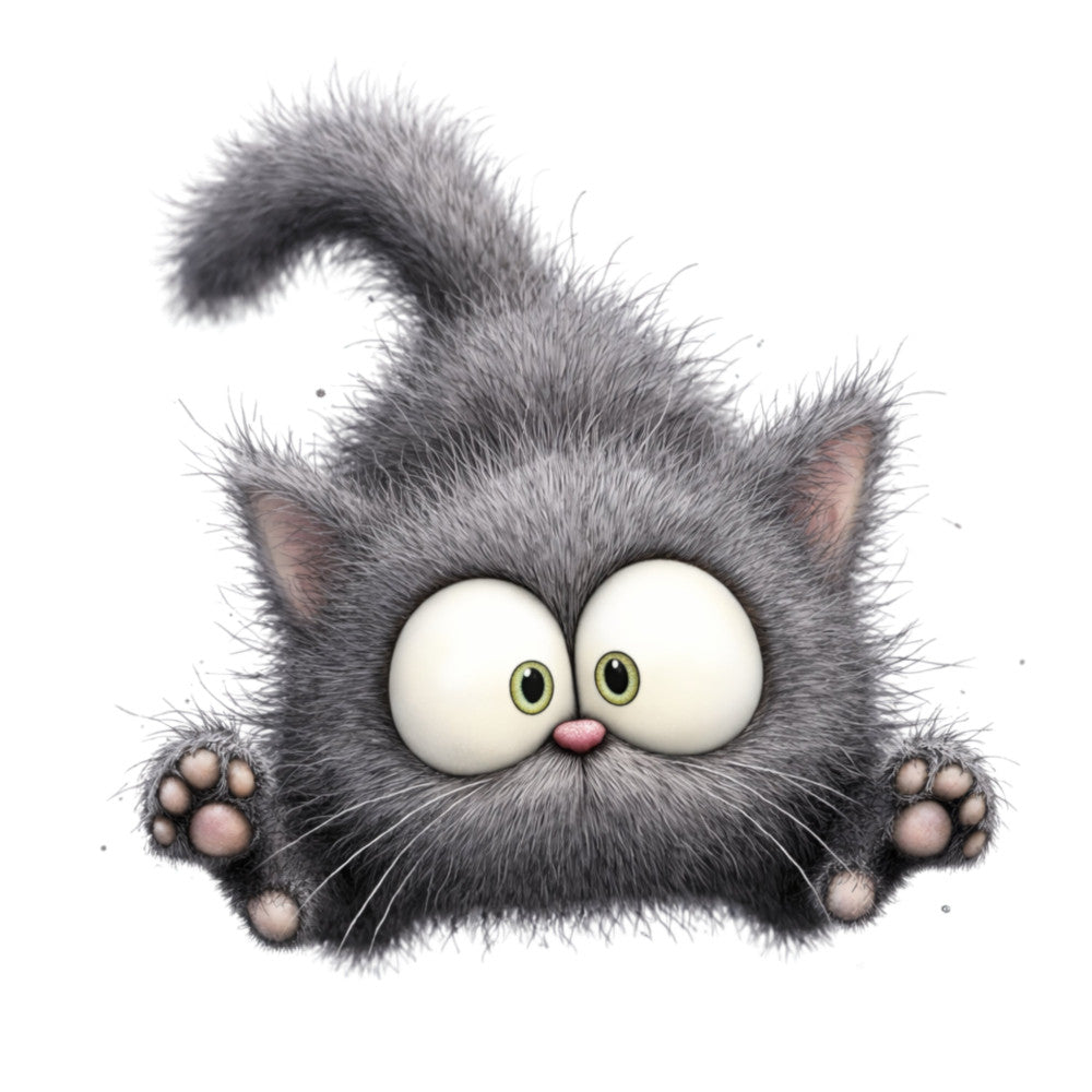 gray cat, fluffy, cute animals, whimsical, cartoon cat, big eyes, children's, kids fabric, animal characters, gray and white, charcoal gray, light gray, playful, fun, expressive eyes, novelty print, character fabric, pet lovers, cat lovers, nursery, baby quilts, wall hanging, cheerful, innocent expression, furry texture, adorable, young children, illustration style