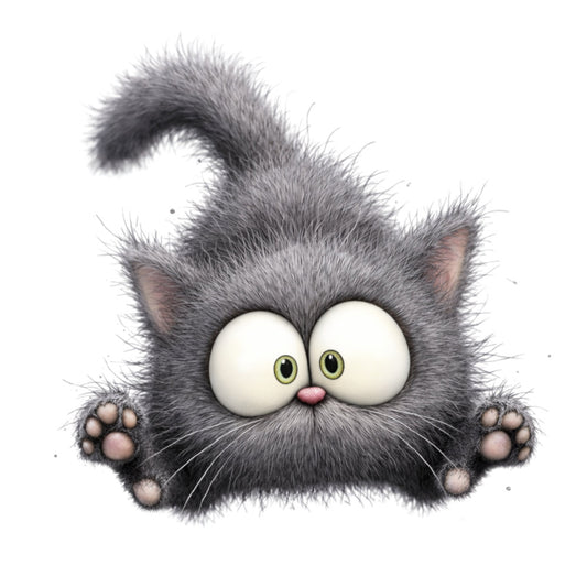 gray cat, fluffy, cute animals, whimsical, cartoon cat, big eyes, children's, kids fabric, animal characters, gray and white, charcoal gray, light gray, playful, fun, expressive eyes, novelty print, character fabric, pet lovers, cat lovers, nursery, baby quilts, wall hanging, cheerful, innocent expression, furry texture, adorable, young children, illustration style