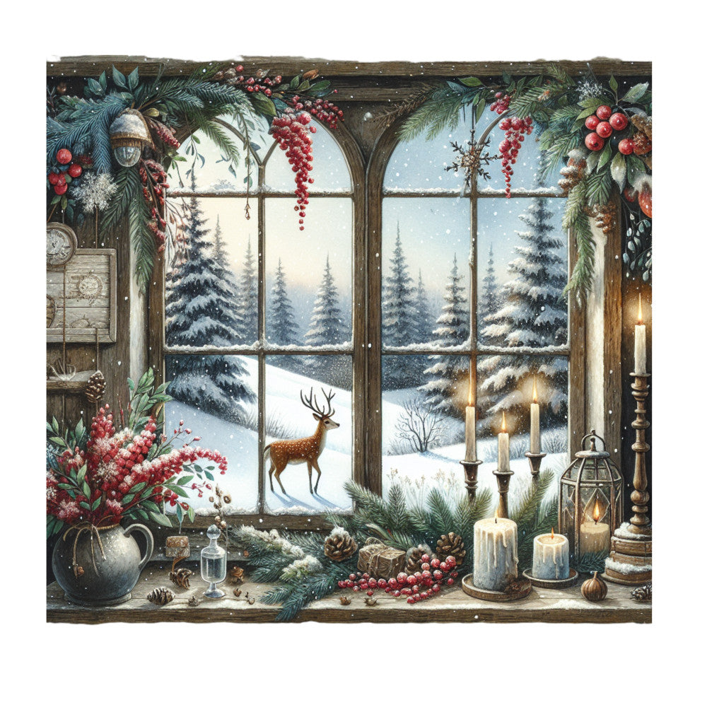 vintage christmas, winter scene, arched window, snow covered trees, reindeer, deer, evergreen branches, red berries, holly, pinecones, candles, candlesticks, lantern, fabric panel, quilting cotton, rustic brown, forest green, cranberry red, ivory white, winter landscape, cozy interior, holiday decorations, snowy forest, warm lighting, christmas greenery