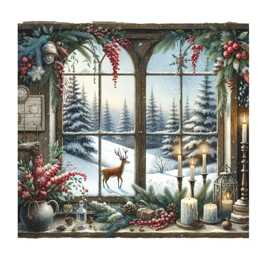 vintage christmas, winter scene, arched window, snow covered trees, reindeer, deer, evergreen branches, red berries, holly, pinecones, candles, candlesticks, lantern, fabric panel, quilting cotton, rustic brown, forest green, cranberry red, ivory white, winter landscape, cozy interior, holiday decorations, snowy forest, warm lighting, christmas greenery