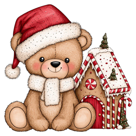christmas, holiday, teddy bear, gingerbread house, santa hat, festive, whimsical, cute, children, nursery, candy cane, winter, red and white, cream, tan, brown, forest green, peppermint, candy themed, traditional, cheerful, seasonal, baby quilt, wall hanging, decorative panel, animals, gingerbread, christmas tree, snow covered, charming