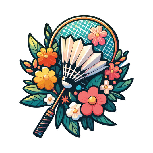 badminton racket, sports themed, floral design, coral pink, forest green, teal, cream, yellow, orange, daisy flowers, geometric background, nature inspired, whimsical style, modern design, summer, spring, vibrant colors, leaf motifs, flower power, athletic, recreational sports, bright cheerful, colorful blooms, botanical, decorative arts, wall hanging, home decor, active lifestyle