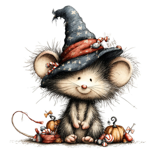 whimsical mouse, wizard hat, stars, autumn, halloween, orange pumpkin, navy blue, cream, black, red ribbon, magical, fantasy, cute animals, children's, baby quilt, festive, seasonal, striped hat, decorative toys, vintage whimsy, fall theme, trick or treat, storybook, charming, enchanted, playful, wall hanging, nursery decor, illustrated character