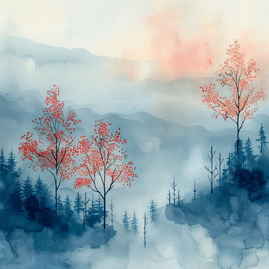 misty mountain landscape, watercolor trees, foggy forest, red autumn leaves, coral pink foliage, navy blue evergreens, soft blue mountains, nature scene, fall colors, winter landscape, ink wash style, Asian inspired, peaceful scenery, woodland scene, tree silhouettes, mist and fog, layered mountains, deciduous trees, coniferous trees, serene, artistic, elegant, modern nature, wall hanging, home decor, landscape panel, dusty rose, slate blue, cream background, contemplative