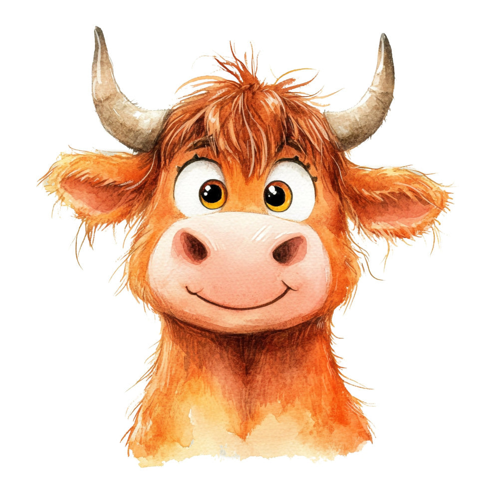 burnt orange, cream, tan, russet, golden yellow, cute animals, highland cattle, cow, farmhouse, whimsical, playful, children's, baby, smiling face, friendly, pastoral, farm animals, rustic charm, character print, illustration style, watercolor effect, gentle, sweet, nursery, kid's fabric, livestock, horned animals, cheerful, countryside, folk art style