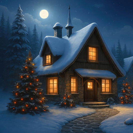 winter cabin, snowy landscape, moonlit night, full moon, christmas, holiday, evergreen trees, festive lights, warm glow, cozy cottage, snow-covered roof, twinkling lights, winter scene, starry sky, dark blue, ivory white, golden yellow, orange lights, rustic, traditional, winter holiday, decorated trees, magical, enchanted, nighttime scene, winter wonderland, fireplace warmth, home decor, wall hanging