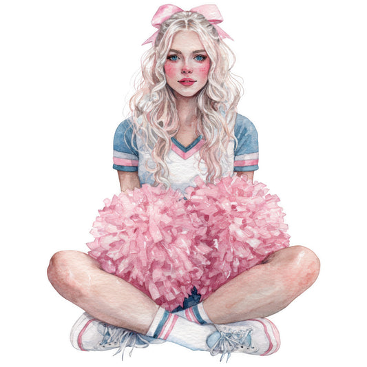 blonde hair, pink bow, blue eyes, rosy cheeks, pastel pink, dusty blue, white, striped sleeves, tutu skirt, ruffled skirt, cheerleader, portrait, girl illustration, whimsical, playful, retro pop, vintage style, y2k aesthetic, teen fashion, girly, cute character, figure design, novelty print, fashion illustration, statement piece, contemporary art, pop culture, artistic print