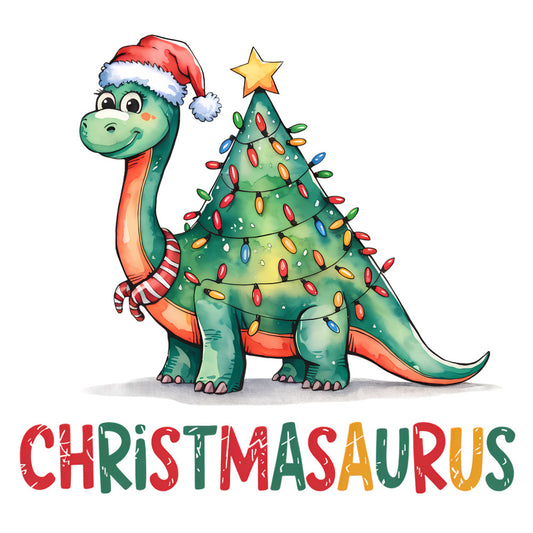 christmas dinosaur, green dinosaur, santa hat, christmas tree, colorful lights, red scarf, cartoon style, festive character, holiday theme, fabric panel, quilting cotton, whimsical design, children's fabric, bright colors, orange belly, yellow star, striped scarf, playful illustration, seasonal motif, craft panel