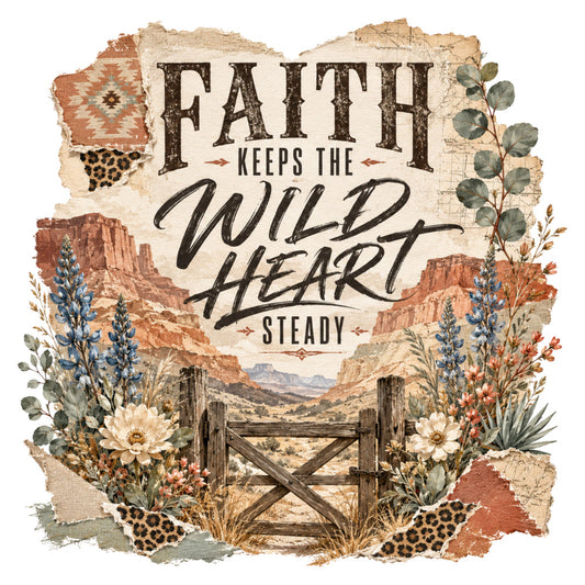 faith keeps the wild heart steady, western, rustic, inspirational, scripture, quote, desert landscape, wildflowers, blue lupine, white daisy, terracotta, cream, sage green, dusty blue, rust, southwestern, vintage map, wooden gate, boho, nature themed, spiritual, motivational, autumn, summer, wall hanging, home decor, farmhouse style, barn wood, botanical