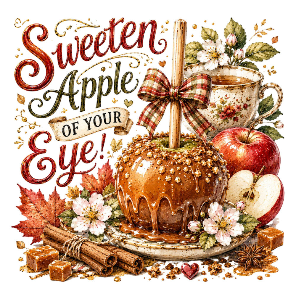 sweeten apple of your eye, caramel apple, autumn, fall, harvest, thanksgiving, cinnamon, apple red, cream, gold, burgundy, plaid bow, floral, cinnamon sticks, star anise, maple leaves, white flowers, vintage, farmhouse, rustic, whimsical, sweet treats, dessert, chocolate drip, spiced, seasonal, nostalgic, traditional, decorative panel