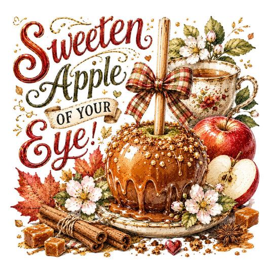 sweeten apple of your eye, caramel apple, autumn, fall, harvest, thanksgiving, cinnamon, apple red, cream, gold, burgundy, plaid bow, floral, cinnamon sticks, star anise, maple leaves, white flowers, vintage, farmhouse, rustic, whimsical, sweet treats, dessert, chocolate drip, spiced, seasonal, nostalgic, traditional, decorative panel
