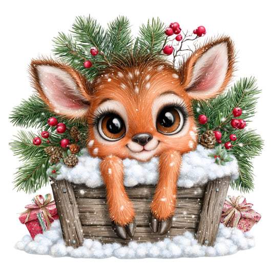 adorable deer, forest green, red berries, winter, christmas, holiday, baby, cute animals, woodland, festive, rustic, whimsical, snow, pine branches, evergreen, pinecones, red accents, cream white, brown wood, seasonal, nursery, children, magical, enchanted forest, festive decor, embellished, dimensional, holiday cheer, winter wonderland