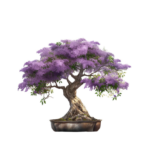 bonsai tree, purple flowers, lavender blossoms, botanical panel, fabric panel, quilting cotton, nature design, flowering tree, zen garden, japanese inspired, white background, brown trunk, green leaves, artistic illustration, peaceful mood, spring blooms, miniature tree, potted plant, serene imagery, craft fabric