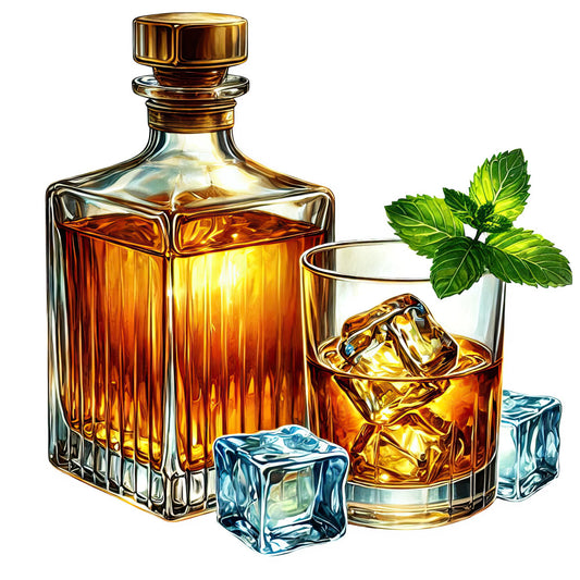amber, bourbon, brandy, cocktail, drinks, elegant, gold, golden, golden amber, golden brown, grown-up, illustration, liquor, mint leaves, modern, novelty, rich brown, scotch, spirits, sophisticated, whiskey, whiskey glass, whisky, ice cubes, bar, bar decor, adult beverage, sophisticated style, premium