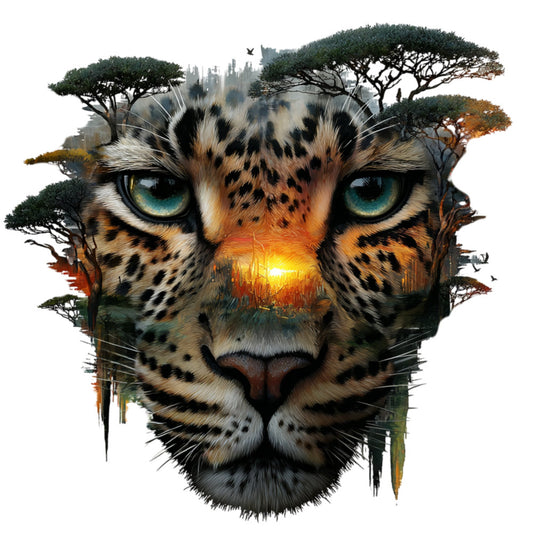 leopard, wild cat, animal portrait, turquoise eyes, golden sunset, nature landscape, trees, savanna, wildlife, double exposure, mystical, bohemian, earth tones, burnt orange, forest green, cream, black spots, majestic, artistic, whimsical, celestial, dreamy, spiritual, wildlife art, big cat, nature inspired, safari theme, abstract landscape, blended imagery