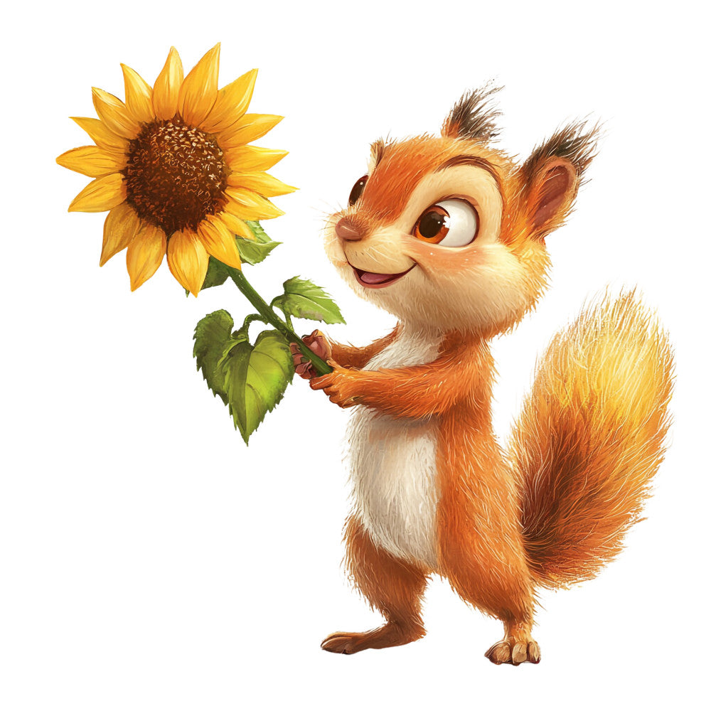 orange squirrel, sunflower, bright yellow, golden petals, green leaves, cheerful character, cartoon style, woodland animal, fluffy tail, fabric panel, quilting cotton, nature theme, sunny colors, whimsical illustration, children's fabric, craft panel, orange fur, white belly, playful design, forest creature