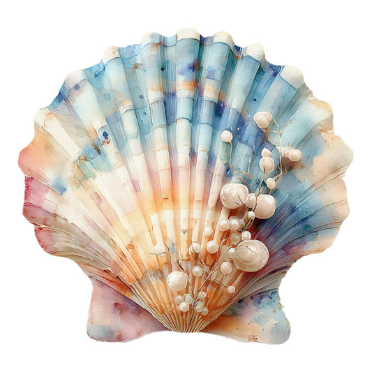 seashell, ocean, nautical, coastal, watercolor, aqua blue, coral pink, dusty rose, peach, cream, soft blue, purple, gradient, ombre, nature, beach theme, pearl embellishments, dimensional, mixed media, shell motifs, seaside, bohemian, whimsical, elegant, romantic, spring, summer, wall hanging, decorative panel, artistic