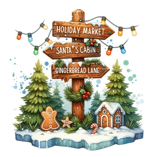 christmas signpost, holiday market, santa's cabin, gingerbread lane, wooden directional signs, evergreen trees, gingerbread cookies, candy canes, miniature house, string lights, winter scene, snow covered, festive illustration, watercolor style, brown wood grain, green pine trees, orange gingerbread, red berries, fabric panel, quilting cotton