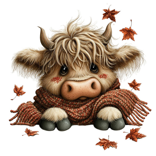 highland cattle, cow, animal, autumn, fall, maple leaves, cozy, rustic, farmhouse, whimsical, cute, adorable, brown, tan, cream, rust, burnt orange, terracotta, knitted scarf, chunky knit, warm, seasonal, nature, livestock, highland breed, country, cottage core, children's, baby, decorative panel
