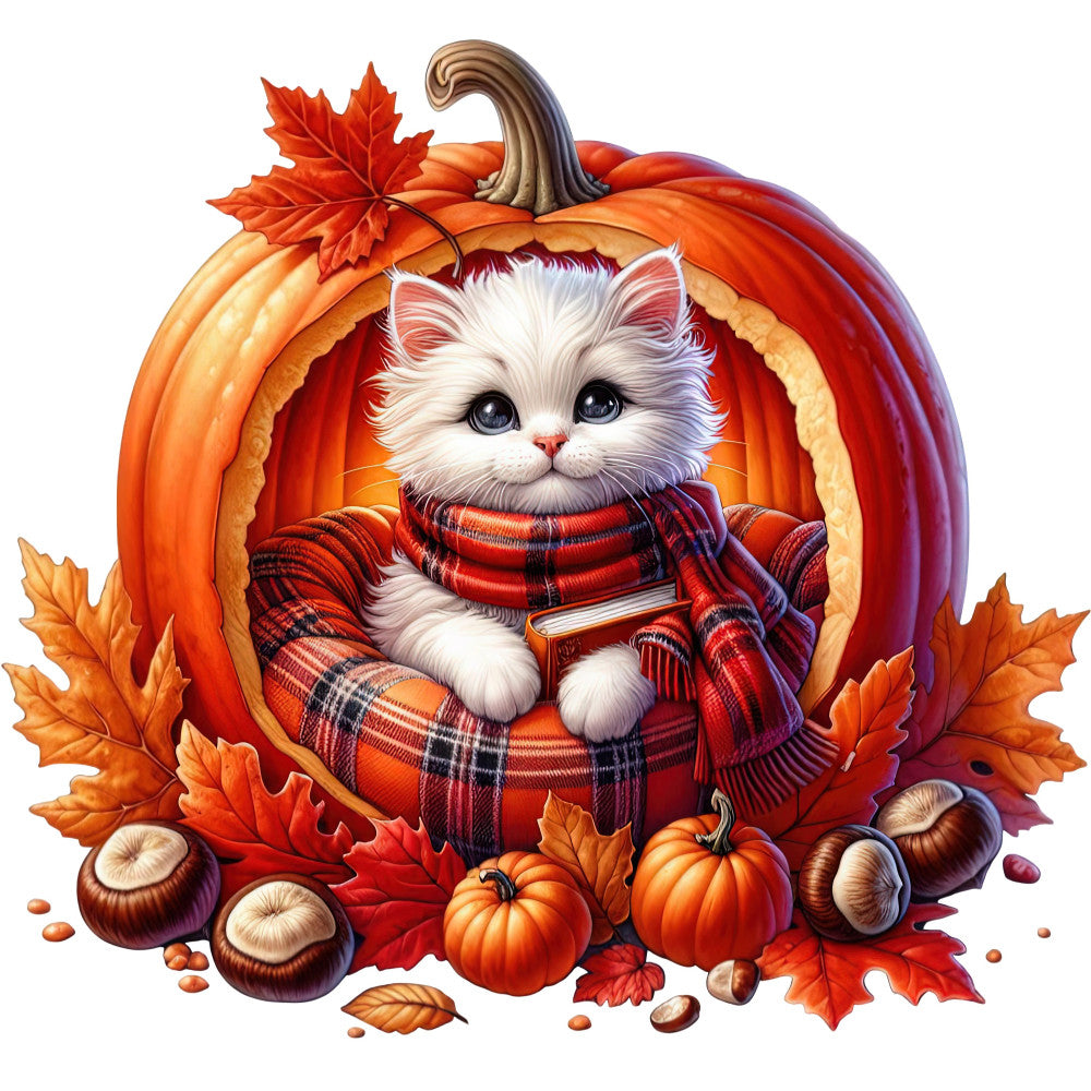 autumn, fall, pumpkin, white cat, kitten, orange, rust, burgundy, cream, plaid, plaid pattern, cozy, whimsical, cute animals, cat lover, maple leaf, leaves, acorns, sweater, scarf, reading, book, festive, seasonal, harvest, thanksgiving, warm tones, rustic, farmhouse, woodland