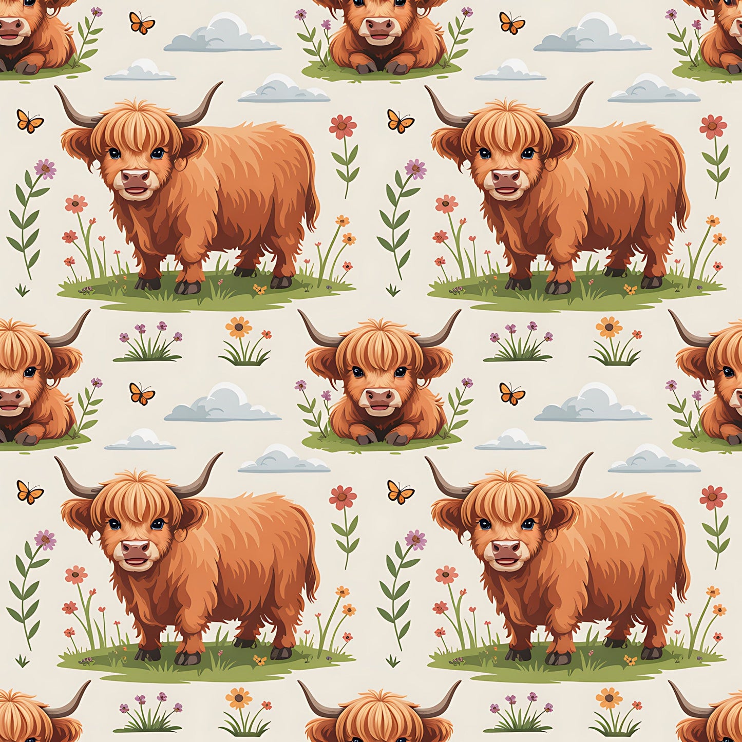 Cartoon Highland Cows Pattern 18 Quilting Cotton Fabric