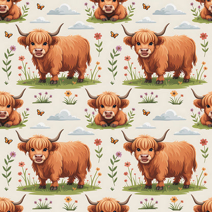 Cartoon Highland Cows Pattern 18 Quilting Cotton Fabric