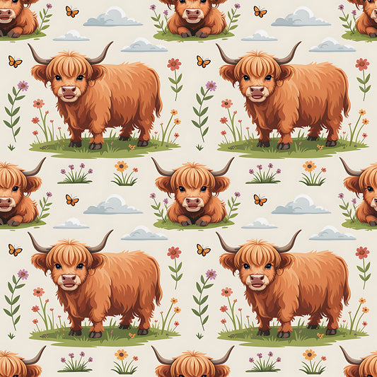 Cartoon Highland Cows Pattern 18 Quilting Cotton Fabric