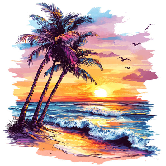 tropical sunset, palm trees, ocean waves, beach scene, vibrant colors, golden yellow, coral orange, hot pink, purple, blue, watercolor style, abstract brushstrokes, nature landscape, coastal theme, summer, bohemian, whimsical, artistic, seascape, birds flying, sandy beach, seagulls, turquoise water, sunset gradient, tropical paradise, wall hanging, home decor, seashore, painted effect