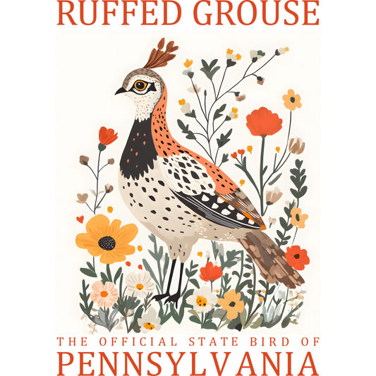 ruffed grouse, state bird, pennsylvania, orange, coral, cream, brown, black, botanical florals, wildflowers, nature illustration, bird artwork, folk art style, decorative panel, quilting cotton, earthy tones, autumn colors, wildlife design, floral motifs, rustic charm