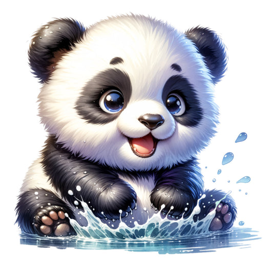 cute panda, baby panda, kawaii style, black and white, blue eyes, water splashing, playful pose, adorable expression, fabric panel, quilting cotton, nursery decor, children's fabric, cartoon illustration, soft colors, pink paw pads, whimsical design, animal motif, digital art style, craft fabric, sewing panel