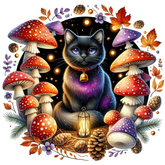 black cat, celestial, mystical cat, magical, whimsical, fantasy, autumn, fall, red mushrooms, toadstools, purple flowers, golden lights, stars, cosmic, nature, forest, woodland, bohemian, enchanted, dark purple, burnt orange, cream, brass gold, bell charm, lantern, pinecones, maple leaves, fall foliage, nocturnal, spooky magic