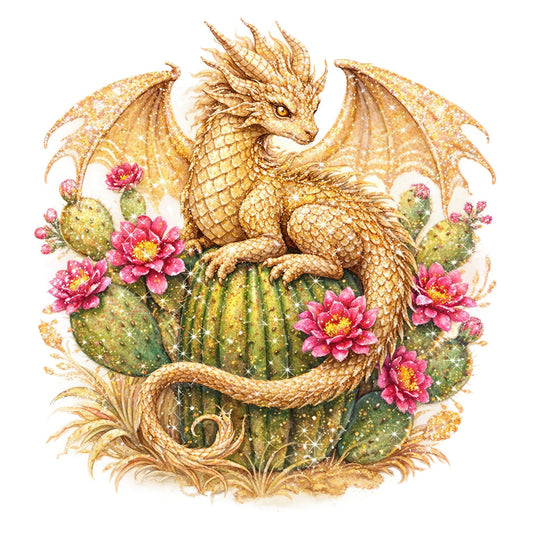 gold dragon, desert rose, hot pink flowers, golden yellow, sage green, cactus, prickly pear, fantasy creature, whimsical, magical, dragon design, floral, nature-inspired, celestial elements, sparkle shimmer, elegant, bohemian, desert theme, southwestern, botanical, fantasy art, decorative panel, wall hanging, adventure theme, mythical beast, jewel tones, ornate details, artistic illustration, enchanted forest, adventure quilt