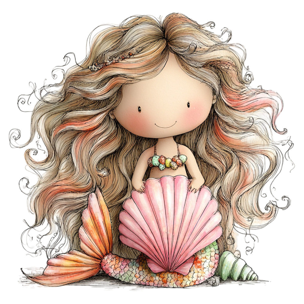 mermaid, whimsical, fantasy, nautical, coral pink, dusty rose, tan, cream, golden brown, copper, sage green, shell, scales, curly hair, sweet, cute, children's, girl, ocean, underwater, magical, dreamy, storybook, illustrated, hand-drawn, playful, coastal, beach, seashell motif, mermaid tail