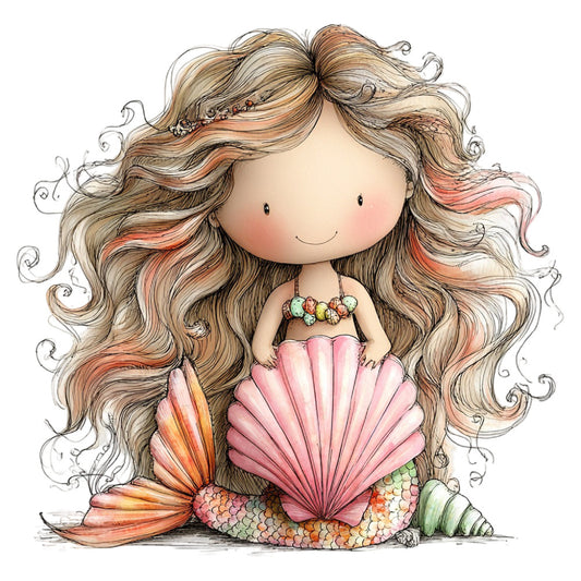 mermaid, whimsical, fantasy, nautical, coral pink, dusty rose, tan, cream, golden brown, copper, sage green, shell, scales, curly hair, sweet, cute, children's, girl, ocean, underwater, magical, dreamy, storybook, illustrated, hand-drawn, playful, coastal, beach, seashell motif, mermaid tail