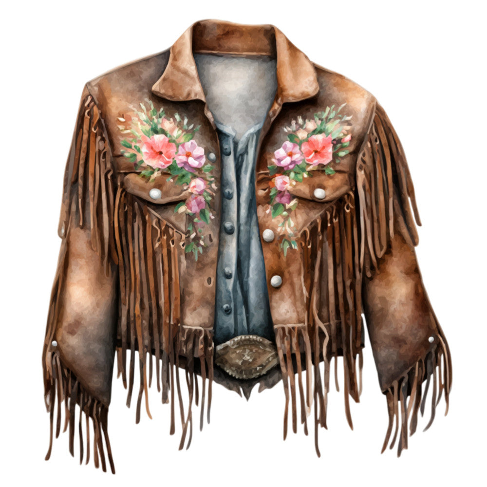 brown leather, tan suede, cognac brown, dusty rose, coral pink, mauve pink, sage green, forest green, floral, roses, flower bouquets, fringe, western, cowgirl, boho, bohemian, rustic, vintage, painted flowers, hand-painted, distressed leather, pearl snaps, belt buckle, folk art, southwestern, country, traditional, decorative, artistic, statement piece