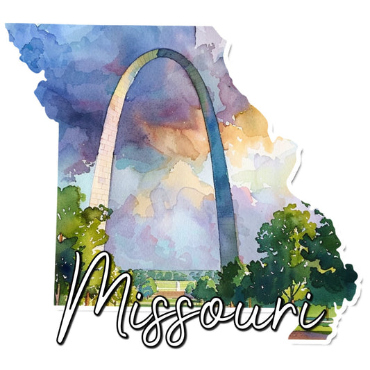 gateway arch, missouri, watercolor, landscape, travel, landmark, architectural, pastel colors, soft blue, sage green, golden yellow, lavender, neutral tones, nature inspired, scenic, americana, midwest, state pride, souvenir, wall hanging, home decor, geographical, impressionistic, dreamy, whimsical, peaceful, scenic vista, trees, sky, artistic