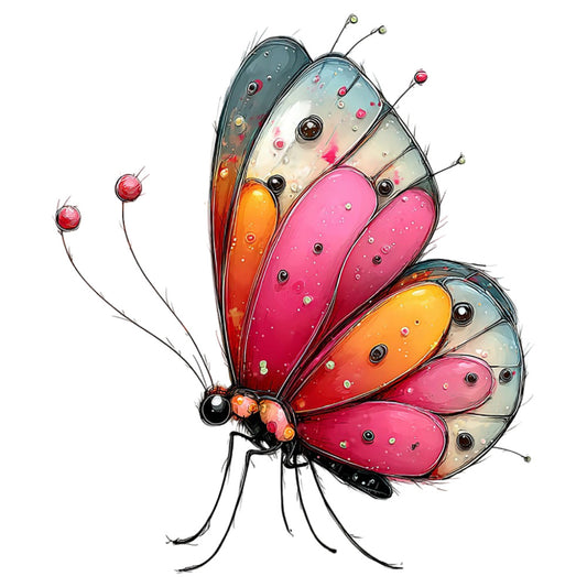 butterfly, colorful, multi-colored, hot pink, coral pink, orange, yellow, golden yellow, teal blue, cream, beige, whimsical, nature, insects, decorative, modern, vibrant, spring, summer, animal motif, detailed illustration, jewel tones, gradient colors, children's, playful, artistic, hand-drawn style, nature-inspired, decorative panel