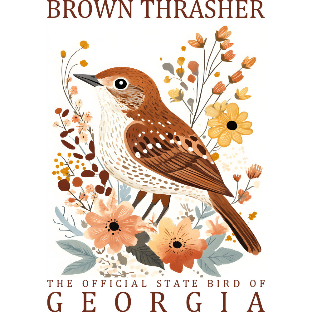 brown thrasher, state bird, georgia, bird illustration, floral design, autumn colors, rust brown, cream white, golden yellow, peach flowers, botanical elements, nature theme, wildlife art, fabric panel, quilting cotton, decorative stitching, folk art style, warm tones, organic shapes, crafting material