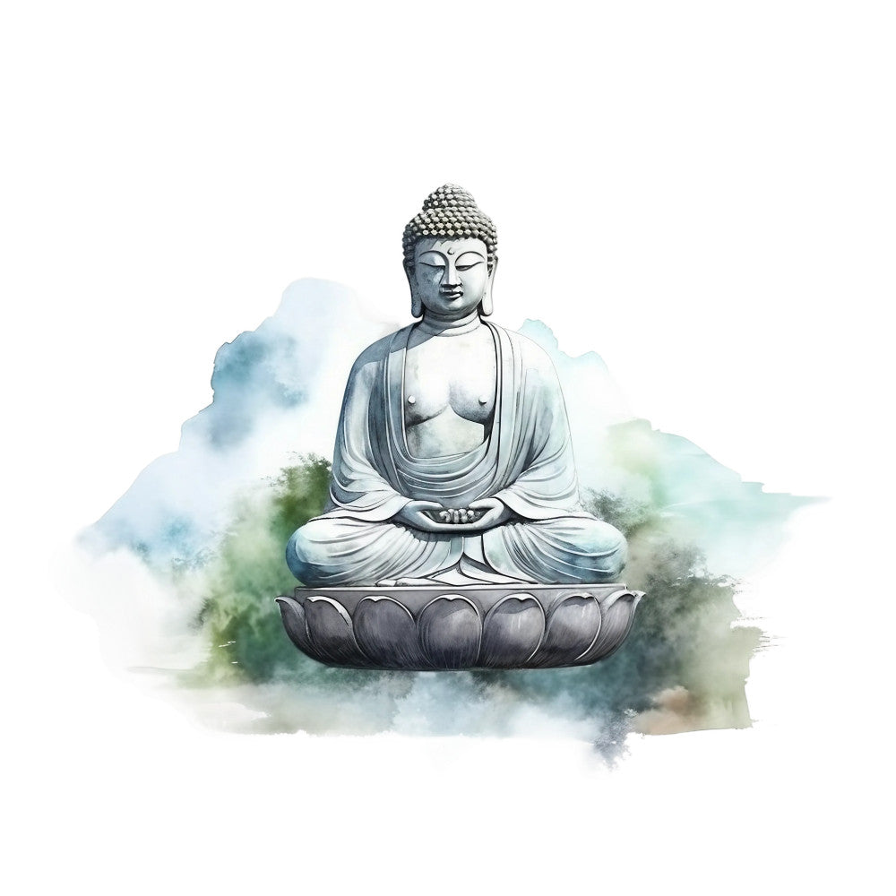 watercolor, buddha statue, meditation pose, lotus base, serene expression, peaceful, spiritual, soft blue, sage green, gray tones, white background, asian inspired, zen, mindfulness, fabric panel, quilting cotton, tranquil, buddhist art, sitting buddha, decorative panel