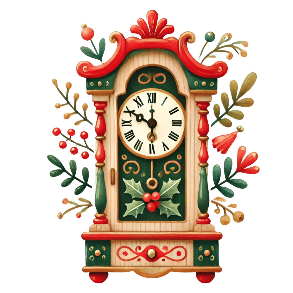 forest green, cream, red, gold, holly, berries, cuckoo clock, vintage, traditional, whimsical, christmas, holiday, festive, winter, botanical, leaves, floral, decorative, ornamental, folk art, cottage style, rustic, nostalgic, seasonal, wall hanging, home decor, nature-inspired, red and green, evergreen, festive decoration