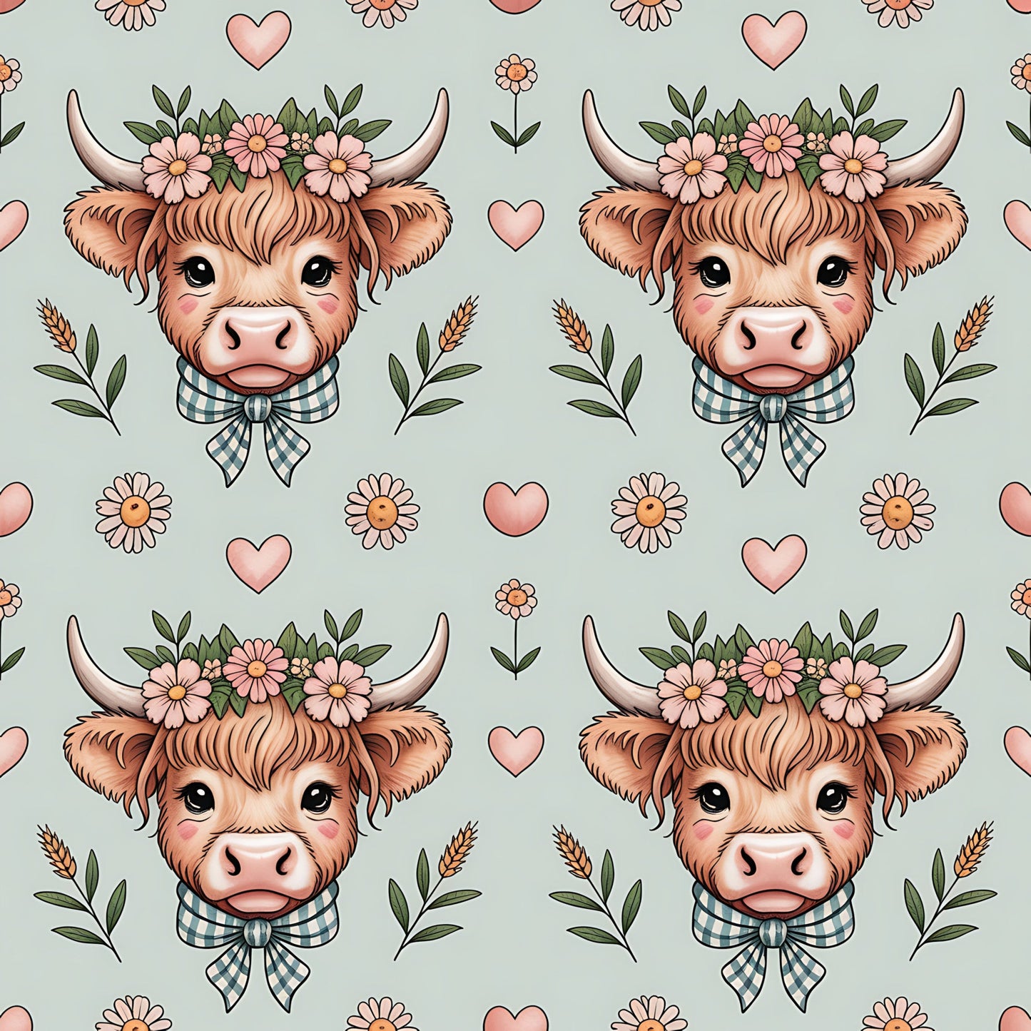 Highland Cow Heads Pattern 8 Quilting Cotton Fabric