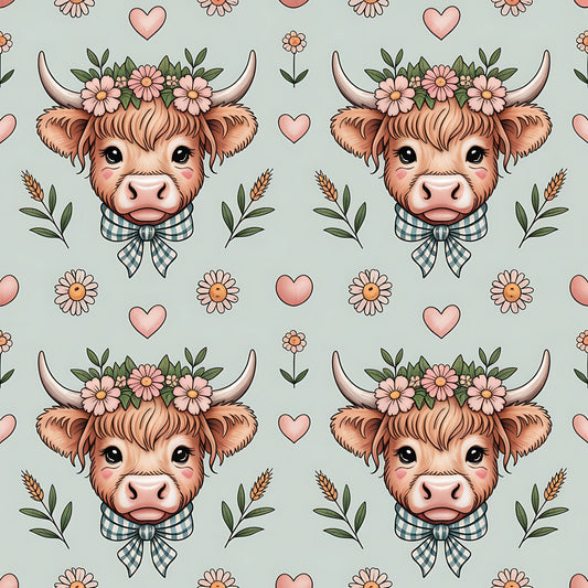 Highland Cow Heads Pattern 8 Quilting Cotton Fabric