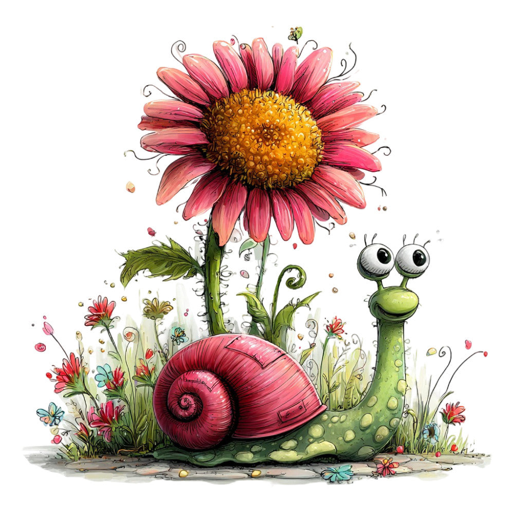 whimsical, pink flowers, coral pink, sage green, golden yellow, children's illustration, snail, garden creatures, nature-inspired, spring, summer, playful animals, big-eyed character, floral design, botanical, whimsy, storybook style, kids fabric, nursery, cottage core, fantasy creatures, charming, colorful, illustrated, cute animals, meadow flowers, daisy, nature lover, imaginative design